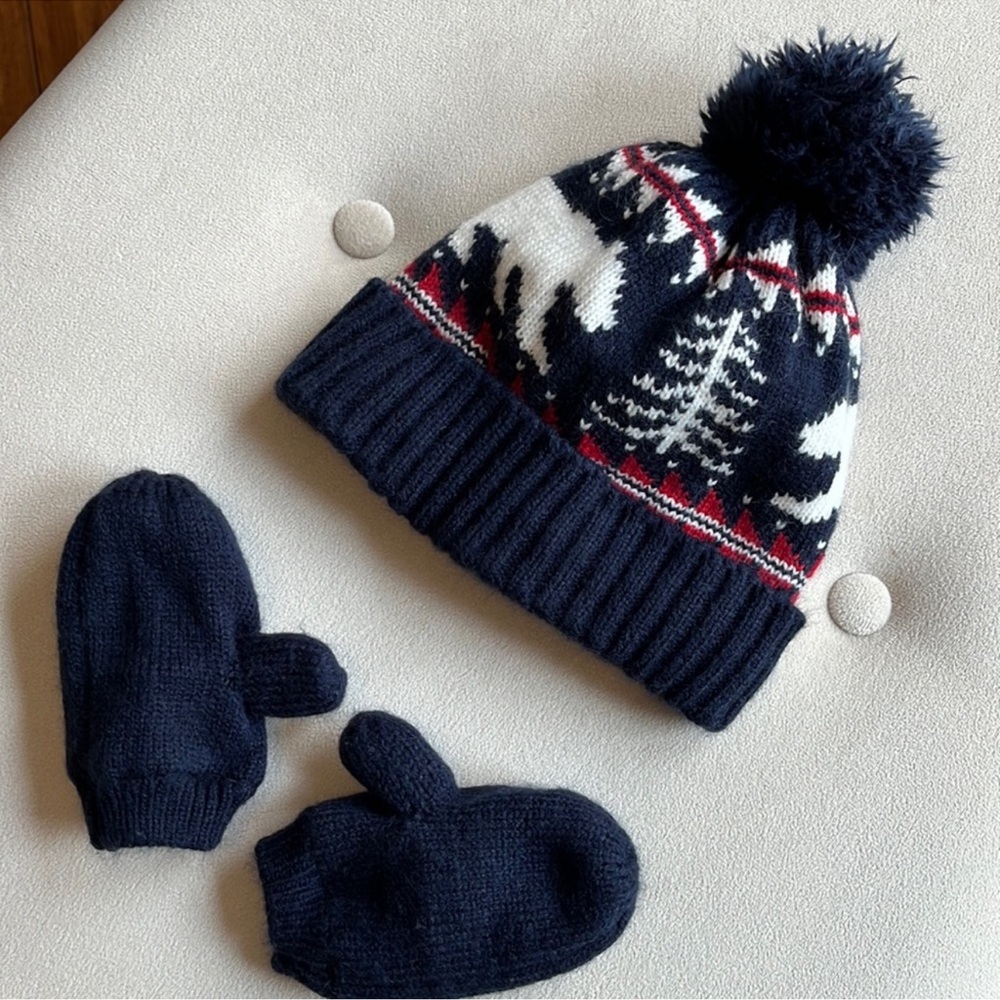 Old Navy | Navy Blue Knit Hat and Mittens Set | 12-24M